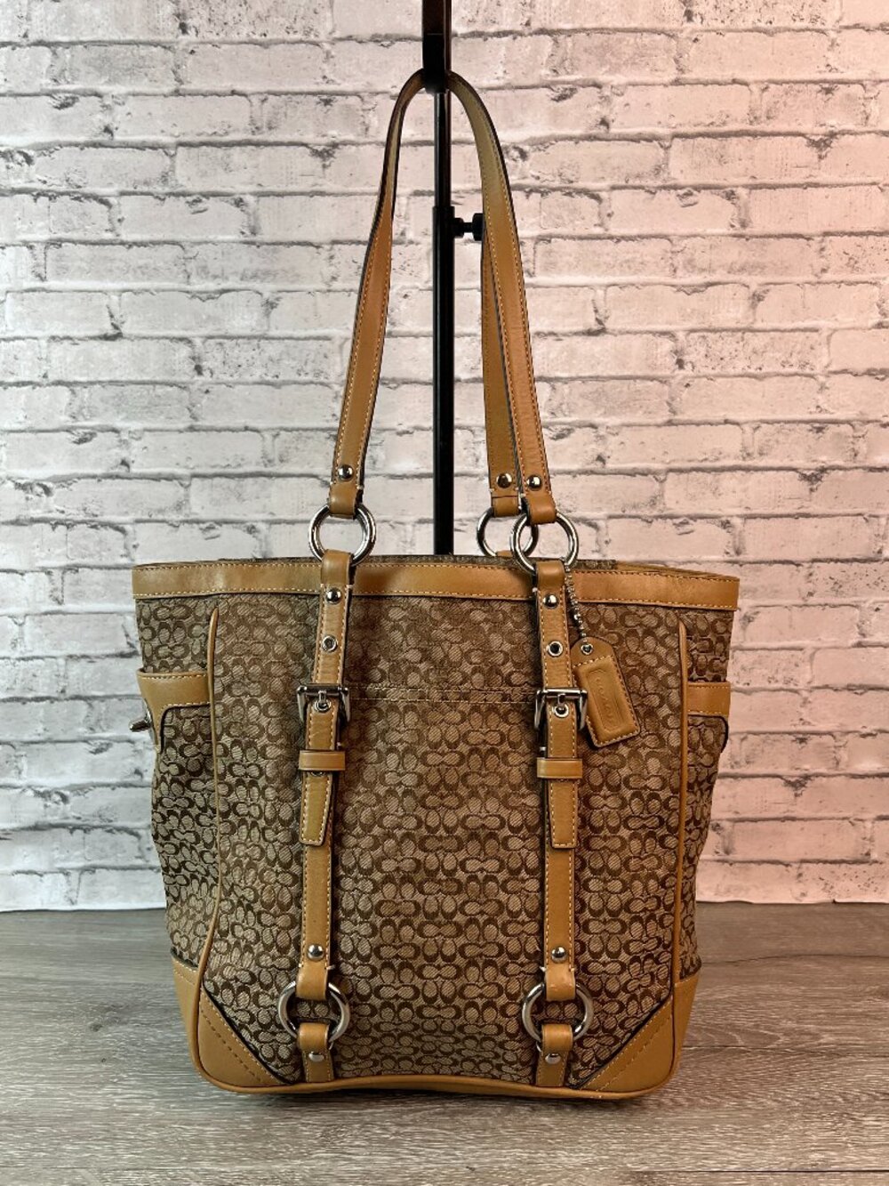 COACH F11526 Signature Gallery Monogram Tote Handbag Canvas Leather Khaki Brown